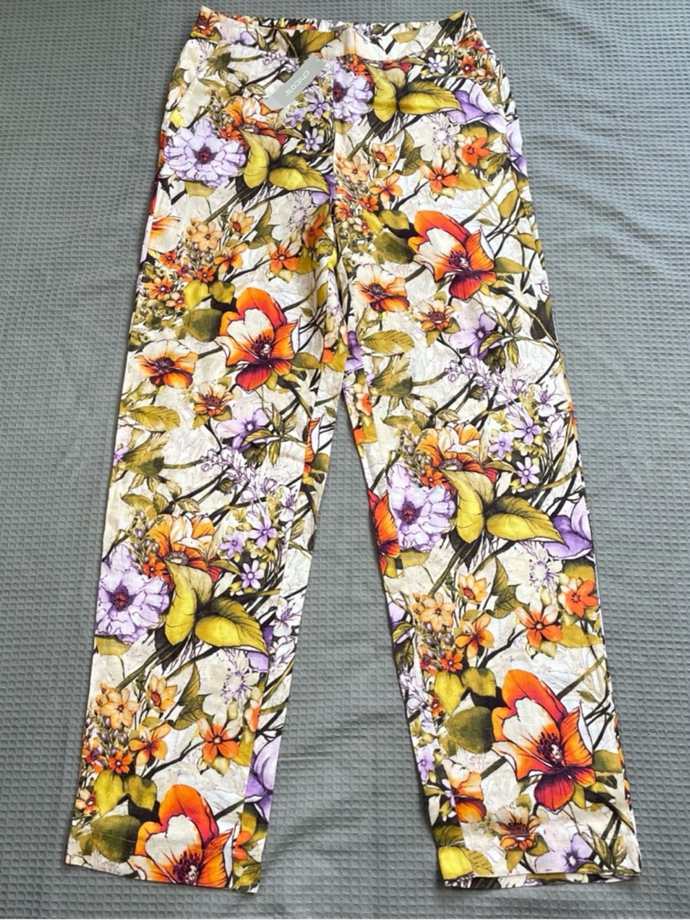 New Chico’s 100% Linen Floral Pants 1.5T (US 10 Tall) Pull On Straight Lagenlook